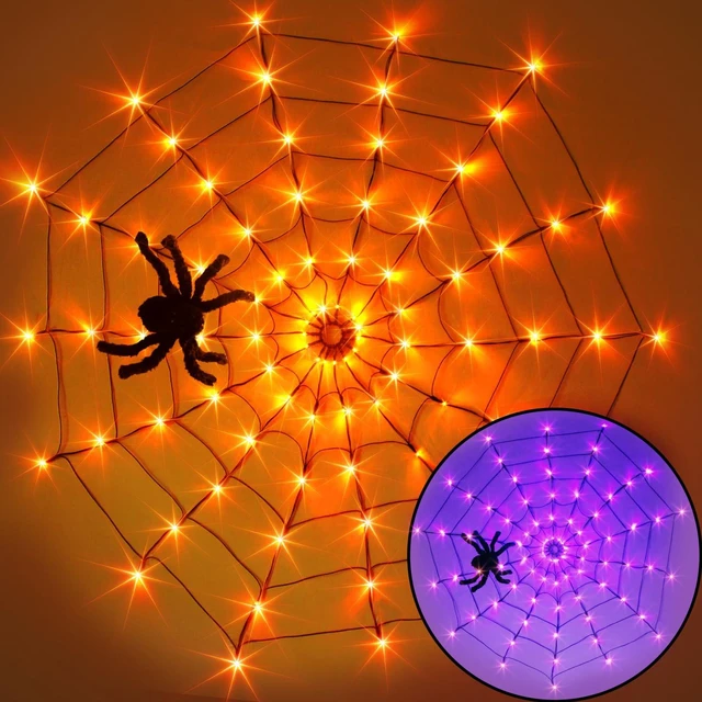 Main image of Halloween Decorations, Spider Web Lights for Home, 4FT 84LED Light Up Spiderweb with Black Spider, Halloween Lights for Haunted Window Room Indoor Outdoor Decorations (Orange & Purple)