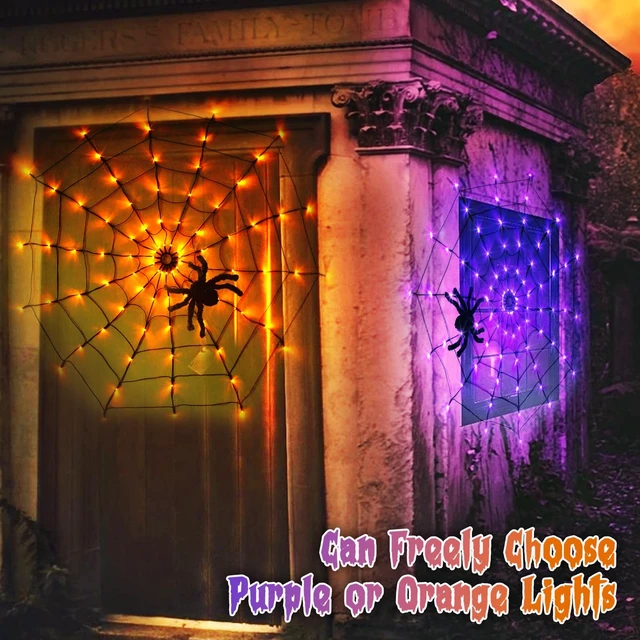 Alt view image 2 of 7 - Halloween Decorations, Spider Web Lights for Home, 4FT 84LED Light Up Spiderweb with Black Spider, Halloween Lights for Haunted Window Room Indoor Outdoor Decorations (Orange & Purple)