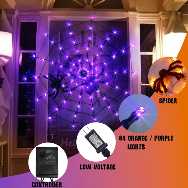 Alt view image 3 of 7 - Halloween Decorations, Spider Web Lights for Home, 4FT 84LED Light Up Spiderweb with Black Spider, Halloween Lights for Haunted Window Room Indoor Outdoor Decorations (Orange & Purple)