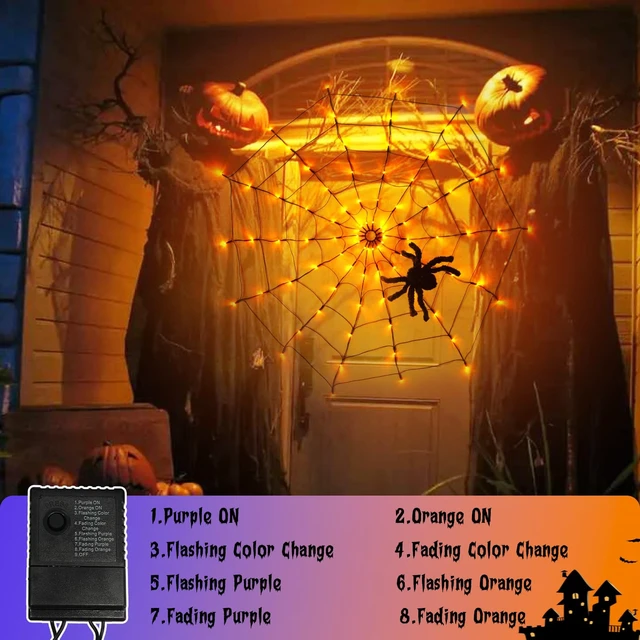 Alt view image 4 of 7 - Halloween Decorations, Spider Web Lights for Home, 4FT 84LED Light Up Spiderweb with Black Spider, Halloween Lights for Haunted Window Room Indoor Outdoor Decorations (Orange & Purple)