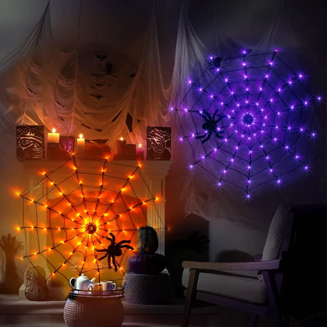Alt view image 6 of 7 - Halloween Decorations, Spider Web Lights for Home, 4FT 84LED Light Up Spiderweb with Black Spider, Halloween Lights for Haunted Window Room Indoor Outdoor Decorations (Orange & Purple)