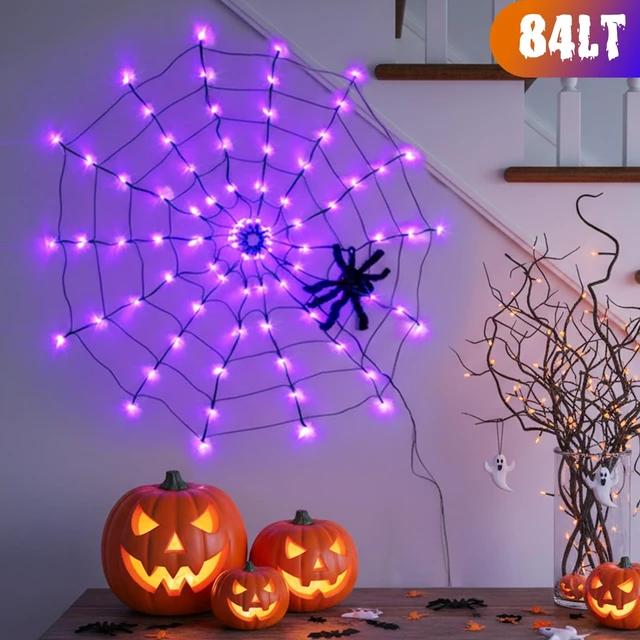 Alt view image 7 of 7 - Halloween Decorations, Spider Web Lights for Home, 4FT 84LED Light Up Spiderweb with Black Spider, Halloween Lights for Haunted Window Room Indoor Outdoor Decorations (Orange & Purple)
