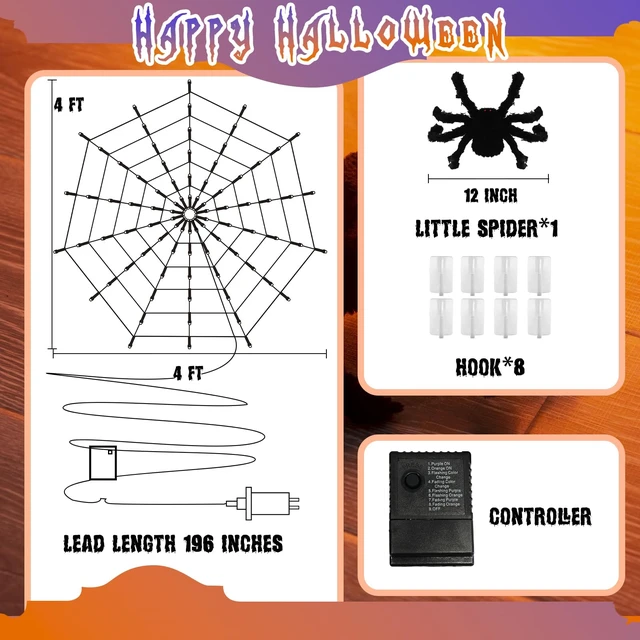 Alt view image 5 of 7 - Halloween Decorations, Spider Web Lights for Home, 4FT 84LED Light Up Spiderweb with Black Spider, Halloween Lights for Haunted Window Room Indoor Outdoor Decorations (Orange & Purple)