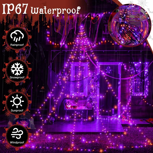 Alt view image 5 of 7 - Halloween Lights Outdoor 454 LED Spider Web Lights Orange & Purple | Halloween Decorations, 17.4 FT Tall Creepy Web Lights Plug in 8 Modes Timers Memory Function for Holiday House Party Yard