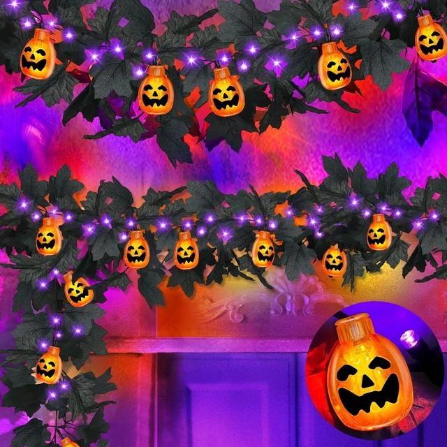 Main image of 3D Pumpkins & Thicker 2 Pack Black Halloween Garland with Lights Timer | Total 13Ft 40LED Large & Small Black Maples Leaf Purple Orange Lights Halloween Garland for Home Indoor Table Fireplace Stair