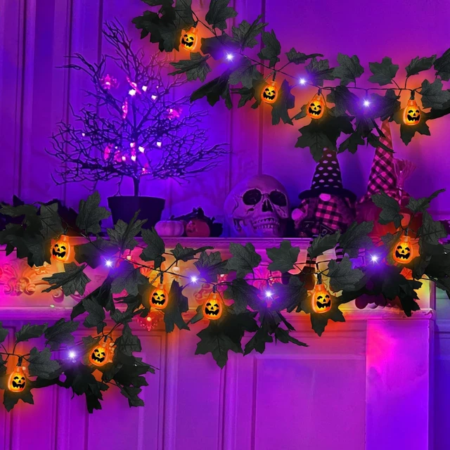 Alt view image 3 of 7 - 3D Pumpkins & Thicker 2 Pack Black Halloween Garland with Lights Timer | Total 13Ft 40LED Large & Small Black Maples Leaf Purple Orange Lights Halloween Garland for Home Indoor Table Fireplace Stair
