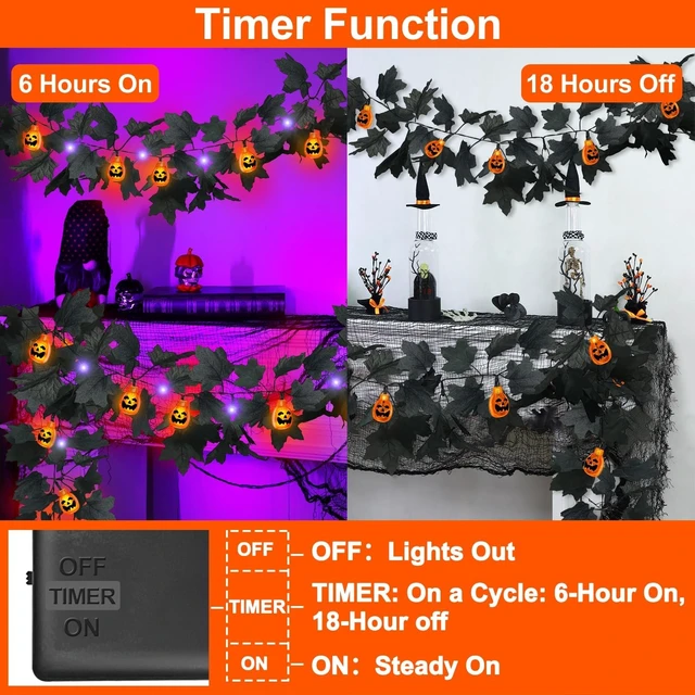 Alt view image 2 of 7 - 3D Pumpkins & Thicker 2 Pack Black Halloween Garland with Lights Timer | Total 13Ft 40LED Large & Small Black Maples Leaf Purple Orange Lights Halloween Garland for Home Indoor Table Fireplace Stair