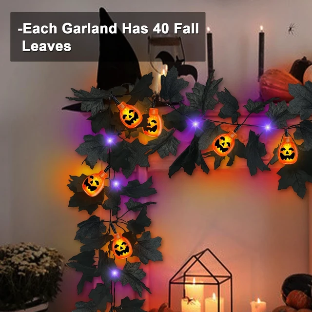 Alt view image 5 of 7 - 3D Pumpkins & Thicker 2 Pack Black Halloween Garland with Lights Timer | Total 13Ft 40LED Large & Small Black Maples Leaf Purple Orange Lights Halloween Garland for Home Indoor Table Fireplace Stair