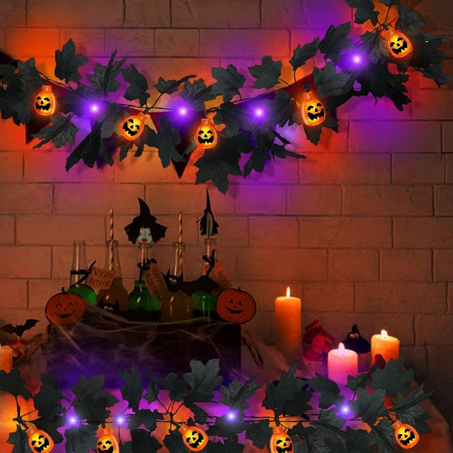 Alt view image 6 of 7 - 3D Pumpkins & Thicker 2 Pack Black Halloween Garland with Lights Timer | Total 13Ft 40LED Large & Small Black Maples Leaf Purple Orange Lights Halloween Garland for Home Indoor Table Fireplace Stair