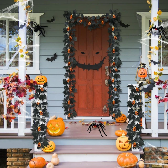 Alt view image 7 of 7 - 3D Pumpkins & Thicker 2 Pack Black Halloween Garland with Lights Timer | Total 13Ft 40LED Large & Small Black Maples Leaf Purple Orange Lights Halloween Garland for Home Indoor Table Fireplace Stair