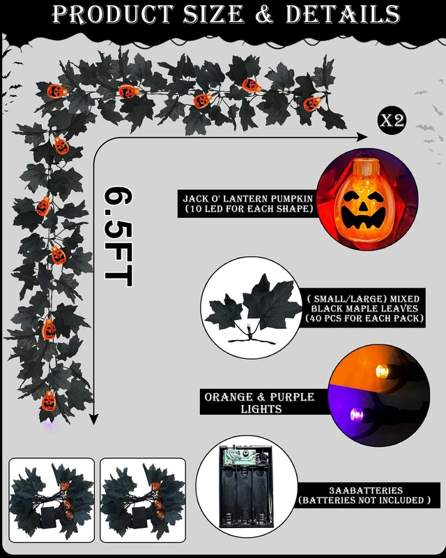 Alt view image 4 of 7 - 3D Pumpkins & Thicker 2 Pack Black Halloween Garland with Lights Timer | Total 13Ft 40LED Large & Small Black Maples Leaf Purple Orange Lights Halloween Garland for Home Indoor Table Fireplace Stair