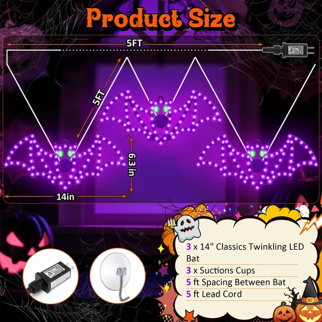 Alt view image 2 of 7 - 3-Pack 14" Halloween Classics Twinkling LED Bat Window Lights | Hi-Vibrant purple and green LEDs, 84 LEDs per bat, aluminum-frame silhouettes, UL Listed adapter