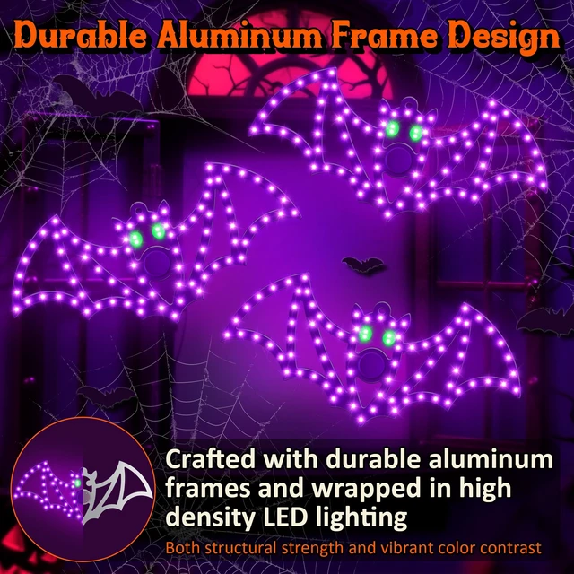Alt view image 4 of 7 - 3-Pack 14" Halloween Classics Twinkling LED Bat Window Lights | Hi-Vibrant purple and green LEDs, 84 LEDs per bat, aluminum-frame silhouettes, UL Listed adapter