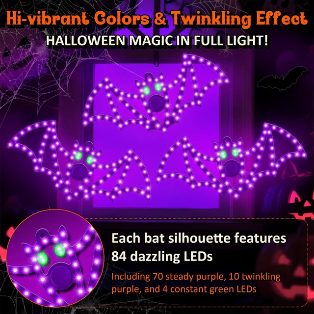 Alt view image 3 of 7 - 3-Pack 14" Halloween Classics Twinkling LED Bat Window Lights | Hi-Vibrant purple and green LEDs, 84 LEDs per bat, aluminum-frame silhouettes, UL Listed adapter