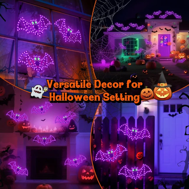 Alt view image 6 of 7 - 3-Pack 14" Halloween Classics Twinkling LED Bat Window Lights | Hi-Vibrant purple and green LEDs, 84 LEDs per bat, aluminum-frame silhouettes, UL Listed adapter