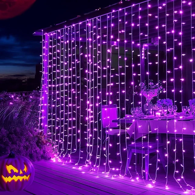 Main image of 300 LED Christmas Curtain String Lights, Halloween Fairy Lights for Bedroom with 8 Lighting Modes, Waterproof Window Light Party Wedding Garden Wall Decor, Purple