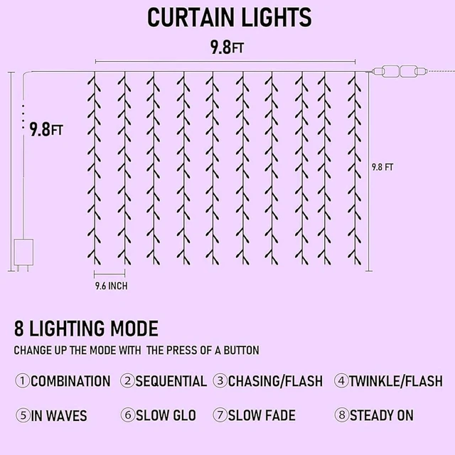Alt view image 2 of 7 - 300 LED Christmas Curtain String Lights, Halloween Fairy Lights for Bedroom with 8 Lighting Modes, Waterproof Window Light Party Wedding Garden Wall Decor, Purple