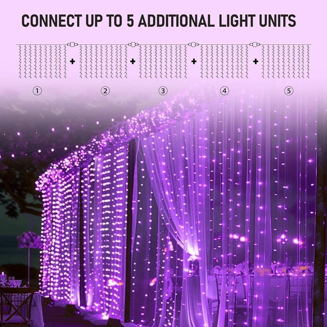 Alt view image 4 of 7 - 300 LED Christmas Curtain String Lights, Halloween Fairy Lights for Bedroom with 8 Lighting Modes, Waterproof Window Light Party Wedding Garden Wall Decor, Purple