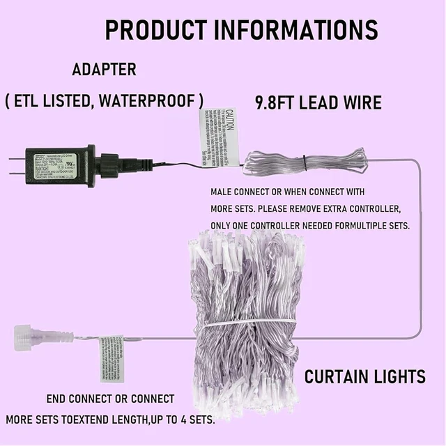 Alt view image 5 of 7 - 300 LED Christmas Curtain String Lights, Halloween Fairy Lights for Bedroom with 8 Lighting Modes, Waterproof Window Light Party Wedding Garden Wall Decor, Purple