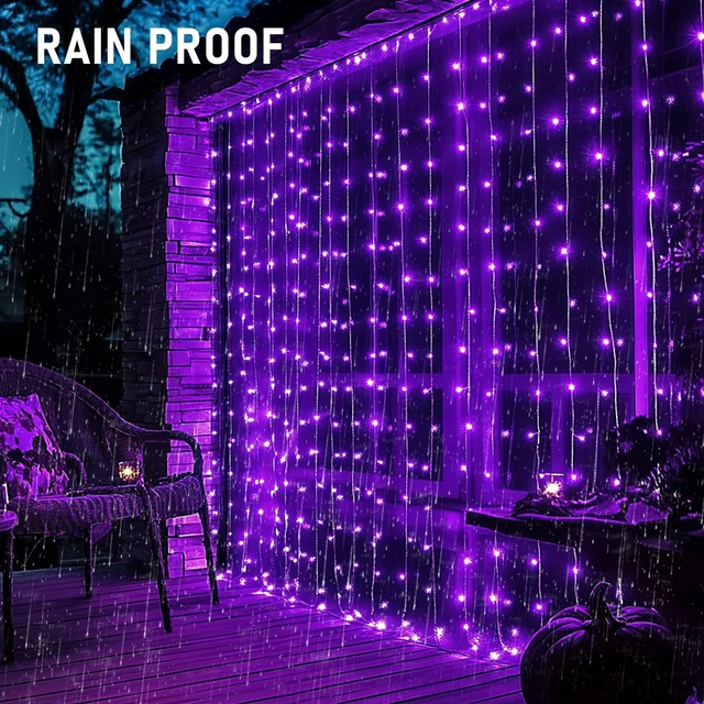 Alt view image 6 of 7 - 300 LED Christmas Curtain String Lights, Halloween Fairy Lights for Bedroom with 8 Lighting Modes, Waterproof Window Light Party Wedding Garden Wall Decor, Purple