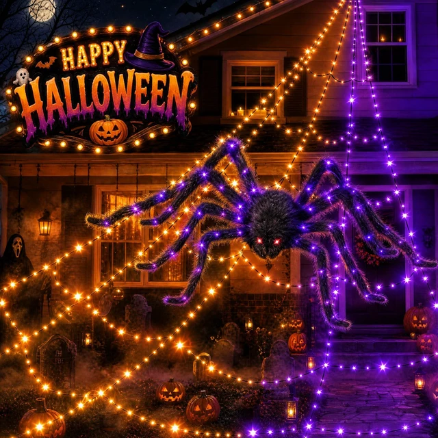 Main image of 550 LEDs Halloween Decorations Outdoor Spider Web Lights with Spider | 11 Lighting Modes, Waterproof, 2 Colors Plug in Remote Control Timer, Halloween Decor Cobwebs, Garden Yard Party Decorations