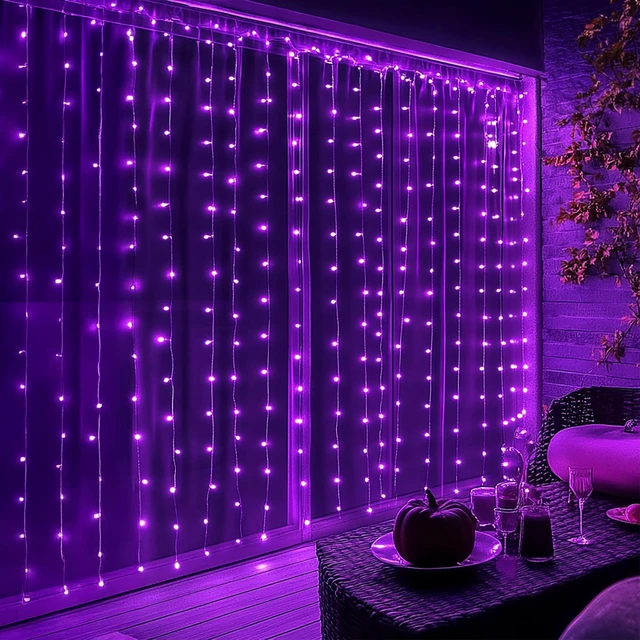 Alt view image 7 of 7 - 300 LED Christmas Curtain String Lights, Halloween Fairy Lights for Bedroom with 8 Lighting Modes, Waterproof Window Light Party Wedding Garden Wall Decor, Purple