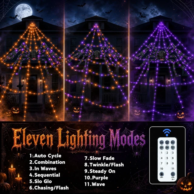 Alt view image 2 of 7 - 550 LEDs Halloween Decorations Outdoor Spider Web Lights with Spider | 11 Lighting Modes, Waterproof, 2 Colors Plug in Remote Control Timer, Halloween Decor Cobwebs, Garden Yard Party Decorations