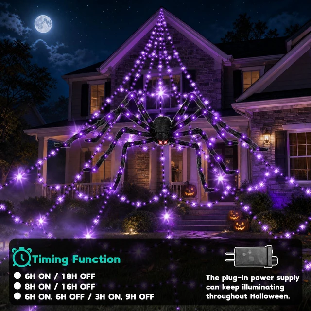 Alt view image 3 of 7 - 550 LEDs Halloween Decorations Outdoor Spider Web Lights with Spider | 11 Lighting Modes, Waterproof, 2 Colors Plug in Remote Control Timer, Halloween Decor Cobwebs, Garden Yard Party Decorations