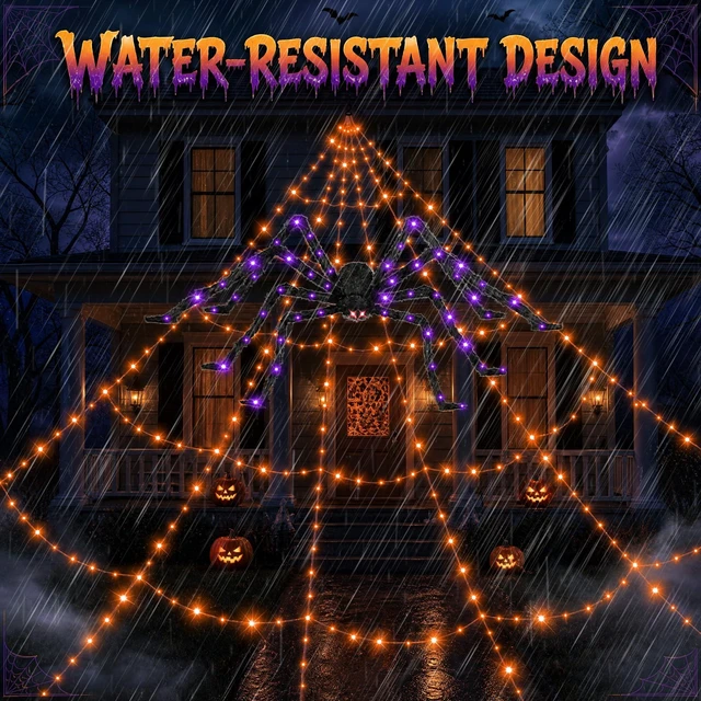 Alt view image 6 of 7 - 550 LEDs Halloween Decorations Outdoor Spider Web Lights with Spider | 11 Lighting Modes, Waterproof, 2 Colors Plug in Remote Control Timer, Halloween Decor Cobwebs, Garden Yard Party Decorations