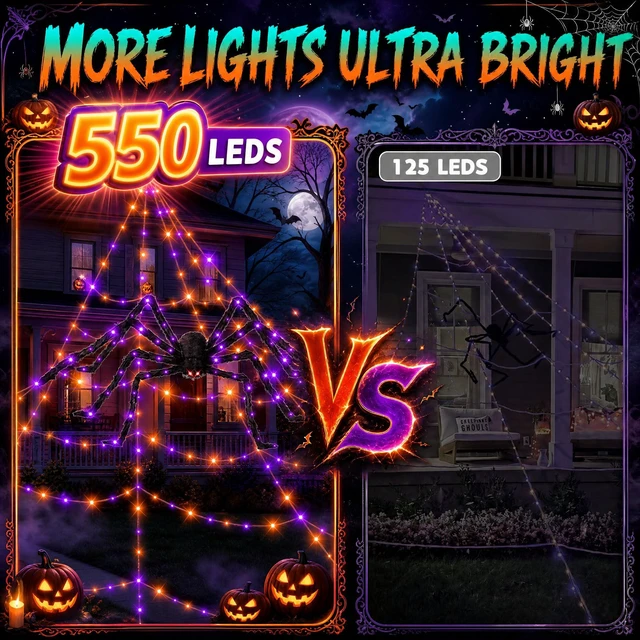 Alt view image 4 of 7 - 550 LEDs Halloween Decorations Outdoor Spider Web Lights with Spider | 11 Lighting Modes, Waterproof, 2 Colors Plug in Remote Control Timer, Halloween Decor Cobwebs, Garden Yard Party Decorations