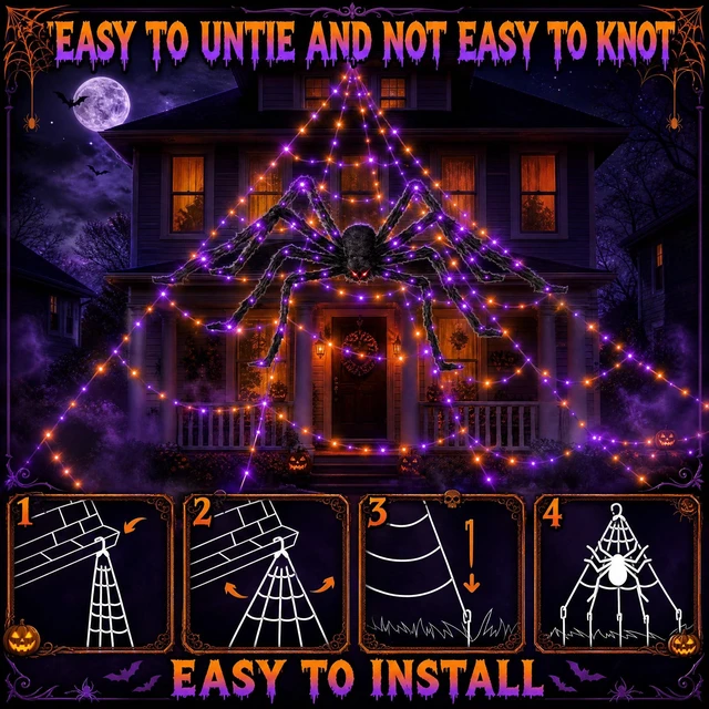 Alt view image 7 of 7 - 550 LEDs Halloween Decorations Outdoor Spider Web Lights with Spider | 11 Lighting Modes, Waterproof, 2 Colors Plug in Remote Control Timer, Halloween Decor Cobwebs, Garden Yard Party Decorations
