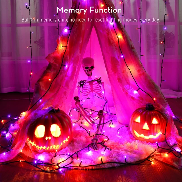 Alt view image 3 of 7 - Purple & Orange Outdoor Halloween String Lights, 164 ft, 500 LED | 8 Lighting modes; Timer; Plug in; Connectable; Memory function; Waterproof mini light for indoor party yard tree garden decor