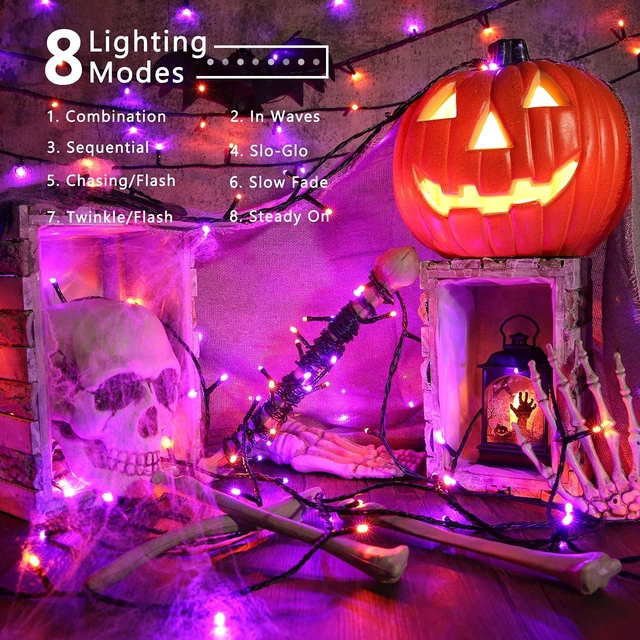 Alt view image 2 of 7 - Purple & Orange Outdoor Halloween String Lights, 164 ft, 500 LED | 8 Lighting modes; Timer; Plug in; Connectable; Memory function; Waterproof mini light for indoor party yard tree garden decor