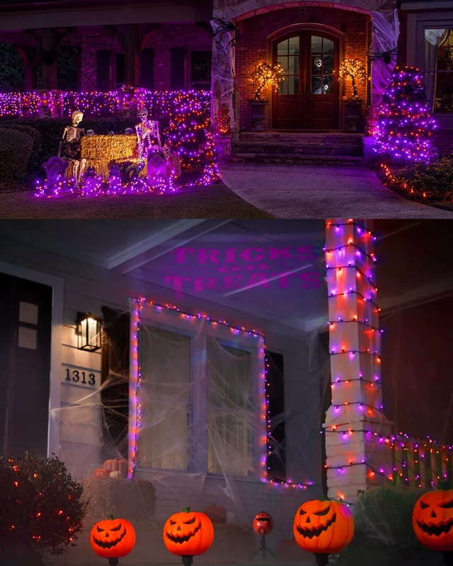Alt view image 4 of 7 - Purple & Orange Outdoor Halloween String Lights, 164 ft, 500 LED | 8 Lighting modes; Timer; Plug in; Connectable; Memory function; Waterproof mini light for indoor party yard tree garden decor