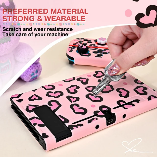 Alt view image 2 of 7 - Love Case Design for Switch Console 2017, Anti-Slip Shock-Absorption Plastic Protective Soft Carrying Case and Joy Con Controller with 4 PCS Cat Paw Thumb Grips Caps - Heart Pink Pink