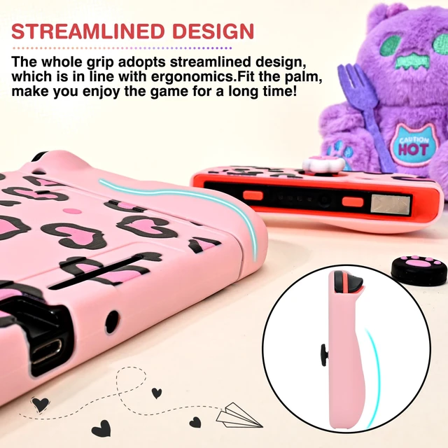 Alt view image 5 of 7 - Love Case Design for Switch Console 2017, Anti-Slip Shock-Absorption Plastic Protective Soft Carrying Case and Joy Con Controller with 4 PCS Cat Paw Thumb Grips Caps - Heart Pink Pink