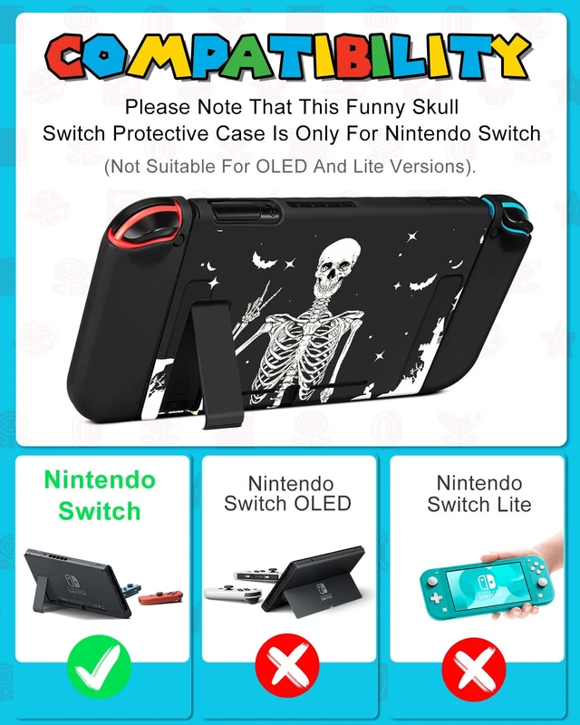 Alt view image 2 of 6 - 9in1 Skull Skeleton Switch Case for Nintendo Switch Carrying Cases & Storage Accessories Bundle Kit Thumb Grips+Game Holder+Dockable Skin+Shoulder Strap+Sticker for Switch Travel Pouch Bag