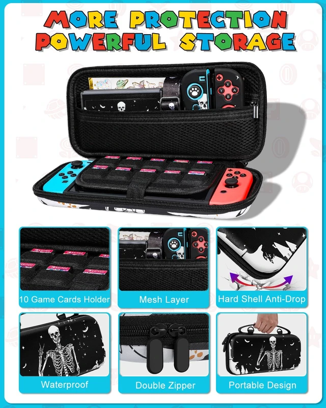 Alt view image 4 of 6 - 9in1 Skull Skeleton Switch Case for Nintendo Switch Carrying Cases & Storage Accessories Bundle Kit Thumb Grips+Game Holder+Dockable Skin+Shoulder Strap+Sticker for Switch Travel Pouch Bag