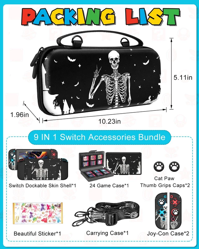 Alt view image 3 of 6 - 9in1 Skull Skeleton Switch Case for Nintendo Switch Carrying Cases & Storage Accessories Bundle Kit Thumb Grips+Game Holder+Dockable Skin+Shoulder Strap+Sticker for Switch Travel Pouch Bag