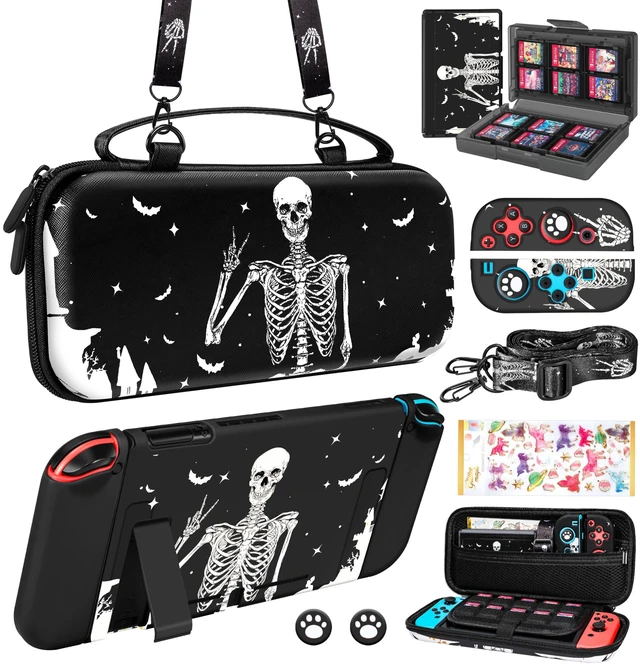 Main image of 9in1 Skull Skeleton Switch Case for Nintendo Switch Carrying Cases & Storage Accessories Bundle Kit Thumb Grips+Game Holder+Dockable Skin+Shoulder Strap+Sticker for Switch Travel Pouch Bag
