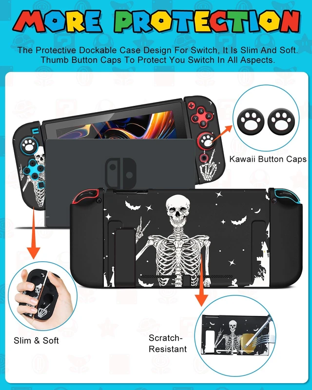 Alt view image 5 of 6 - 9in1 Skull Skeleton Switch Case for Nintendo Switch Carrying Cases & Storage Accessories Bundle Kit Thumb Grips+Game Holder+Dockable Skin+Shoulder Strap+Sticker for Switch Travel Pouch Bag