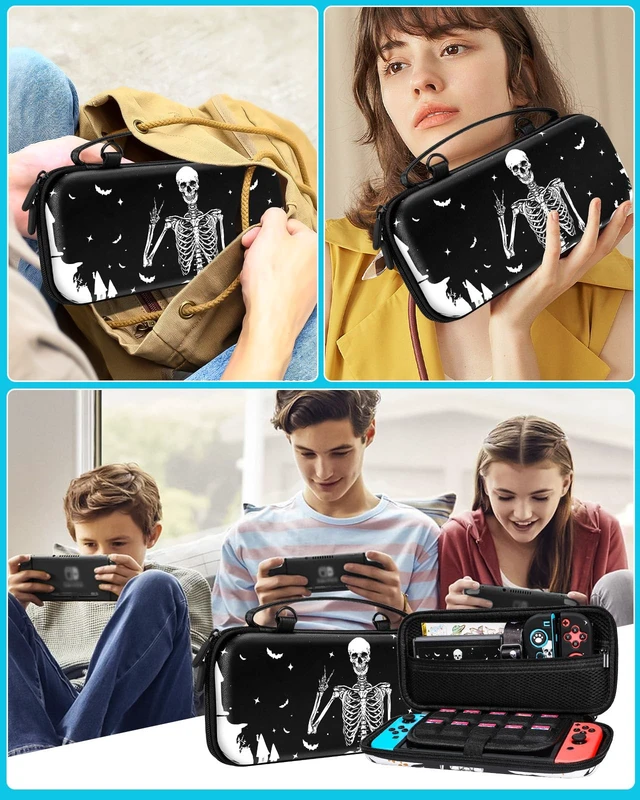 Alt view image 6 of 6 - 9in1 Skull Skeleton Switch Case for Nintendo Switch Carrying Cases & Storage Accessories Bundle Kit Thumb Grips+Game Holder+Dockable Skin+Shoulder Strap+Sticker for Switch Travel Pouch Bag