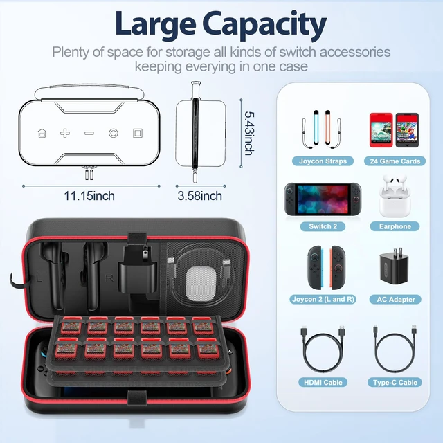 Alt view image 4 of 7 - Carrying Case for 2025 Nintendo Switch 2, Switch Travel Carry Case | Large Storage Holds Joycon 2 & AC Adapter, Hard Shell Protective Pouch Bag with 24 Games Slots for NS2 Console & Accessories