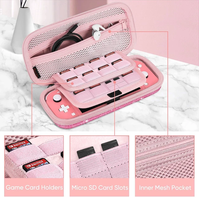Alt view image 3 of 7 - Shockproof Carrying Case for Nintendo Switch Lite 2019 | Hard Shell Protective Cover, Portable Travel Storage Bag, Game Card / Micro SD Card Slots, Inner Pocket, Glittering Pink