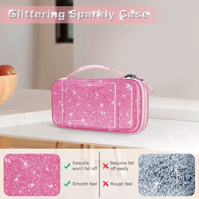 Alt view image 4 of 7 - Shockproof Carrying Case for Nintendo Switch Lite 2019 | Hard Shell Protective Cover, Portable Travel Storage Bag, Game Card / Micro SD Card Slots, Inner Pocket, Glittering Pink