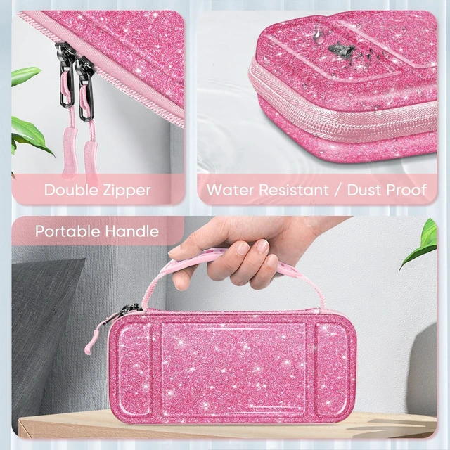 Alt view image 5 of 7 - Shockproof Carrying Case for Nintendo Switch Lite 2019 | Hard Shell Protective Cover, Portable Travel Storage Bag, Game Card / Micro SD Card Slots, Inner Pocket, Glittering Pink