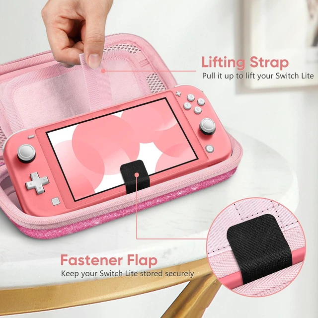 Alt view image 6 of 7 - Shockproof Carrying Case for Nintendo Switch Lite 2019 | Hard Shell Protective Cover, Portable Travel Storage Bag, Game Card / Micro SD Card Slots, Inner Pocket, Glittering Pink