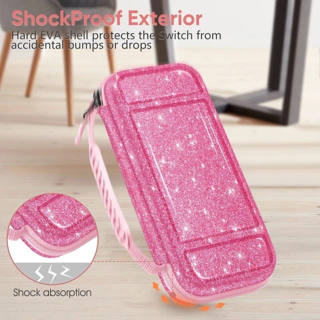 Alt view image 7 of 7 - Shockproof Carrying Case for Nintendo Switch Lite 2019 | Hard Shell Protective Cover, Portable Travel Storage Bag, Game Card / Micro SD Card Slots, Inner Pocket, Glittering Pink