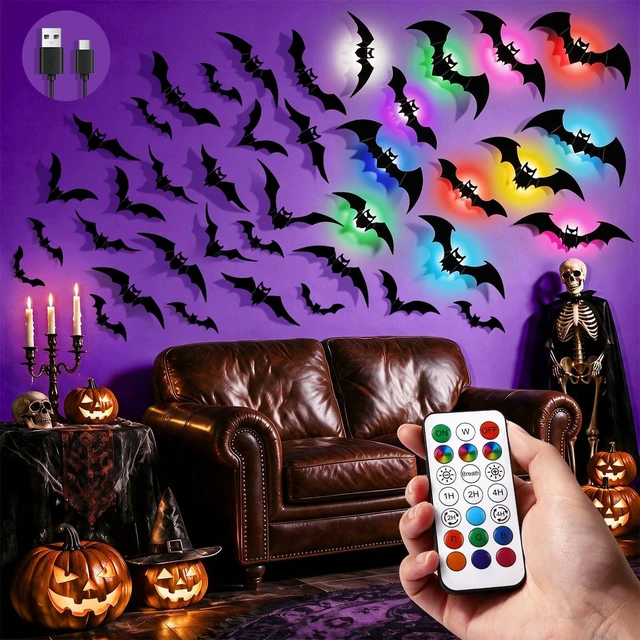 Main image of 48P Bats Halloween Decorations + 12P Rechargeable Lights with Remote | Color Changing Light up Bats Wall Décor 3D Bat Stickers, Halloween Window Wall Door Room Party Décor Indoor Outdoor, Timer