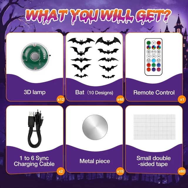 Alt view image 3 of 7 - 48P Bats Halloween Decorations + 12P Rechargeable Lights with Remote | Color Changing Light up Bats Wall Décor 3D Bat Stickers, Halloween Window Wall Door Room Party Décor Indoor Outdoor, Timer